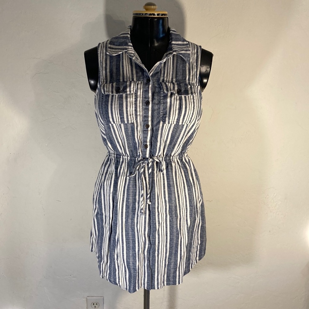 BeBop Blue and White Striped Sleeveless Button-Front Midi Dress
